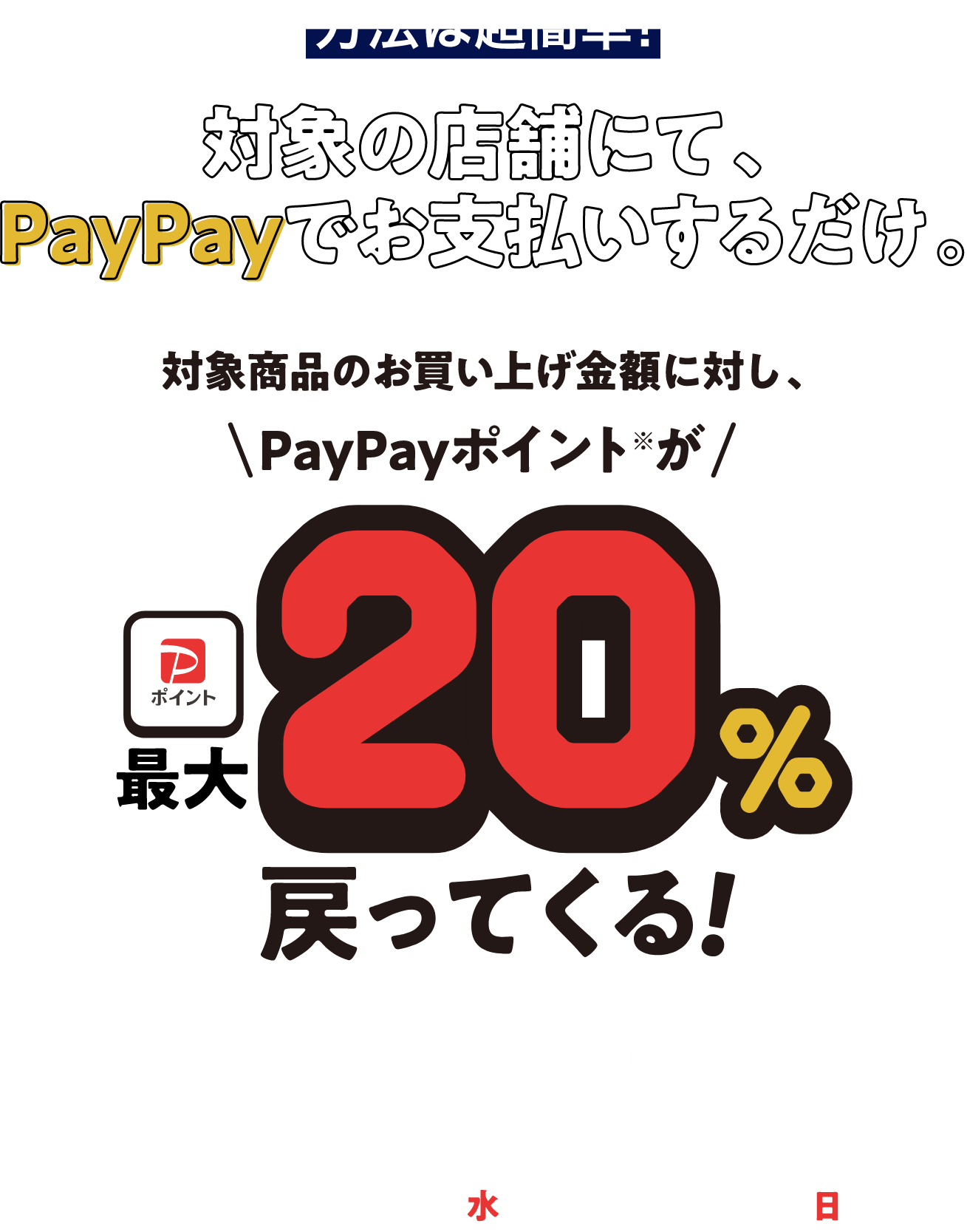  方法は超簡単!対象の店舗にて、PayPayでお支払いするだけ。対象商品のお買い上げ金額に対し、PayPayポイントが最大20%戻ってくる!  ※付与上限はお一人様、期間中に最大6,000円相当まで。 ※出金・譲渡はできません。PayPay/PayPayカード公式ストアでも利用できます。 キャンペーン期間 2023年3月1日(水)〜4月30日(日)
