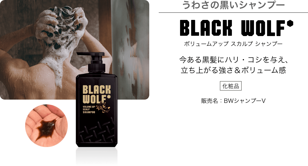 うわさの黒いシャンプー BLACK WOLF ボリュームアップ スカルプ シャンプー 今ある黒髪にハリ・コシを与え、立ち上がる強さ&ボリューム感 化粧品 販売名:BWシャンプーV     