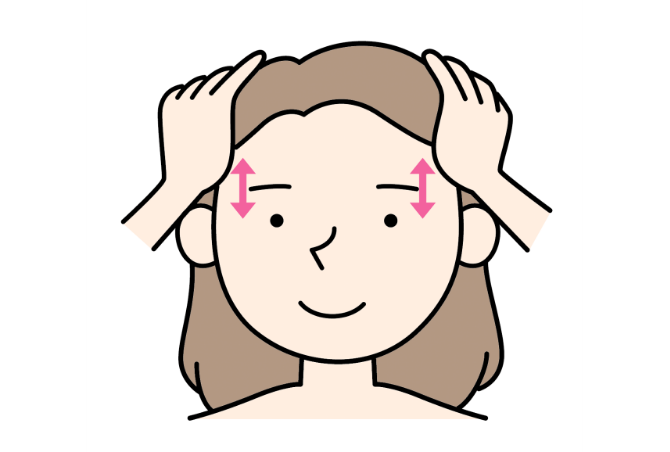 両方のこめかみから側頭部にかけて手のひら全体で押さえながら、頭皮を前後に優しく動かしているイメージイラスト